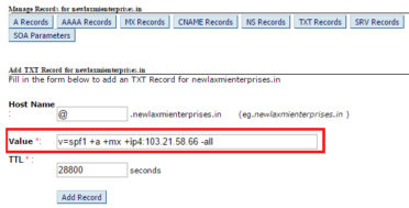 How to add an SPF record for the domain name?