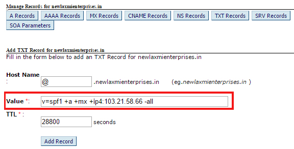 How to add an SPF record for the domain name?